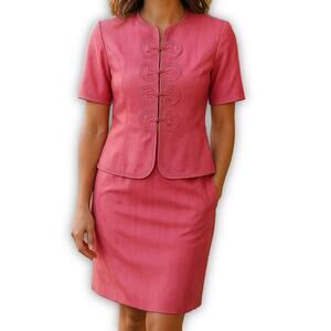 Adrianna Papell Women’s Skirt Suit 100% Silk Pink Knotted Button Set Size 8